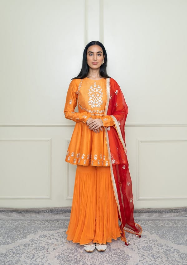 Pumpkin Orange Embroidered Peplum Kurta Garara Set — Sheetal Batra
