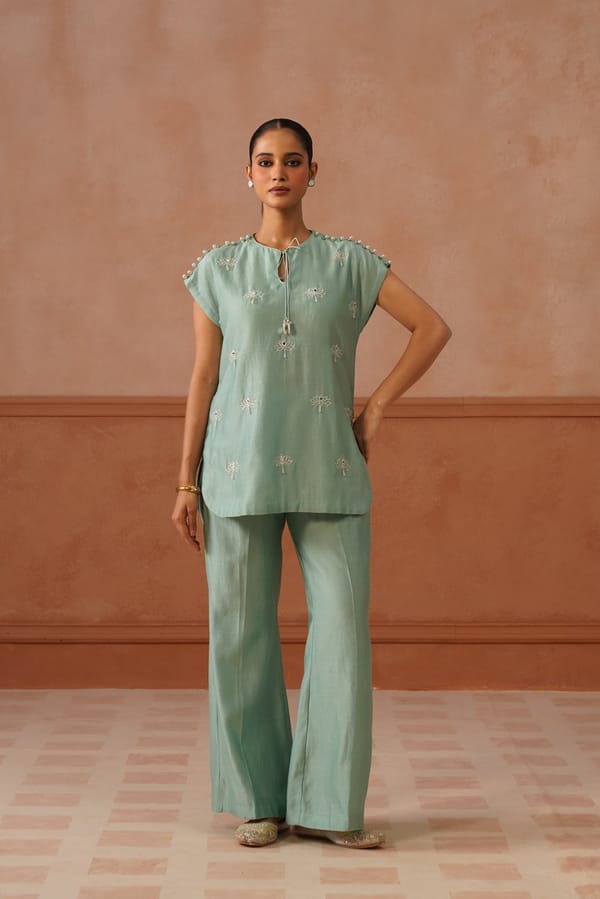 Kanwal Mint Green Chanderi Lotus Boota Co-ord Set — Kahani Lush