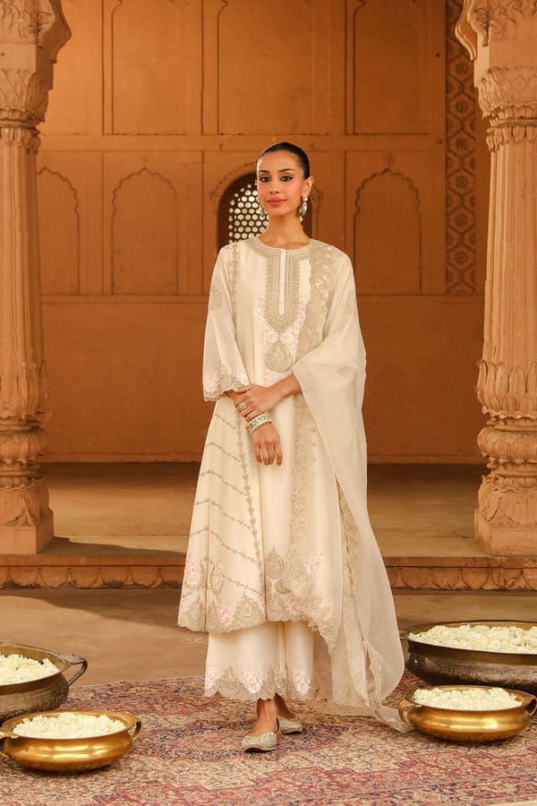 Daisy Ivory A-Line Embroidered Kurta Set with Dupatta — Sheetal Batra
