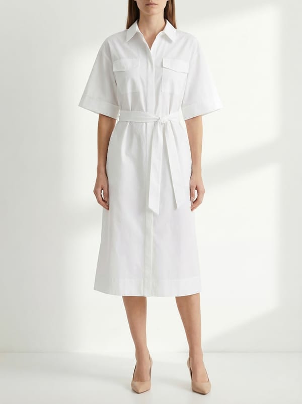Ivory Cotton Belted Shirt Midi Dress — KIHIKI