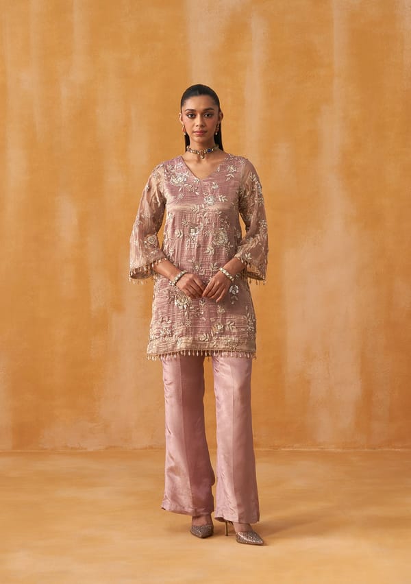 Crushed Tissue Mehfil Co-ord Set (Dusty Rose) — AMOSHI