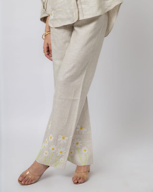 Ecru Linen High-Waisted Straight-Leg Trousers — MAGIA