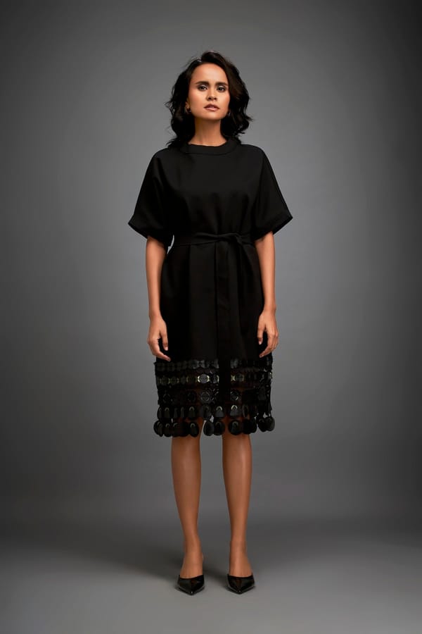 Dress With Belted Waist And Metallic Geometric Hemline — Deepika Arora