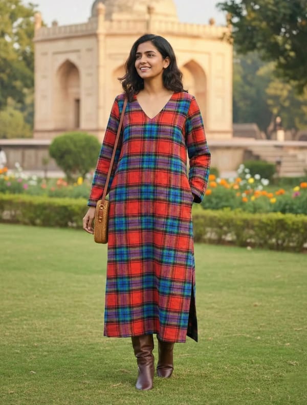 Red Blue Check Straight Maxi Woollen Dress — Truebrowns