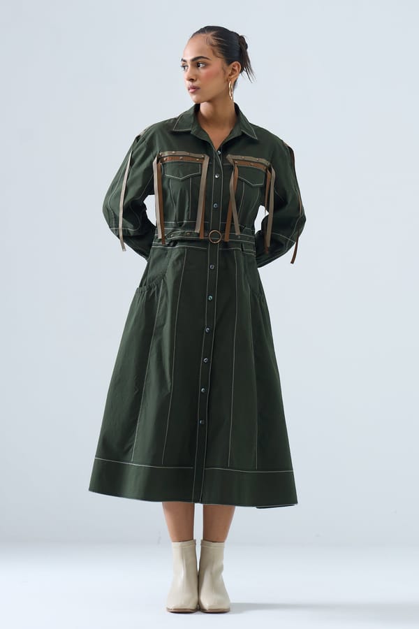 Olive Green Utility Shirt Dress with Belted Waist — STITCH STORIES