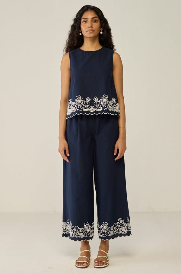 Navy Embroidered Blouse And Trouser Co-ord Set — Move About Effortlessly