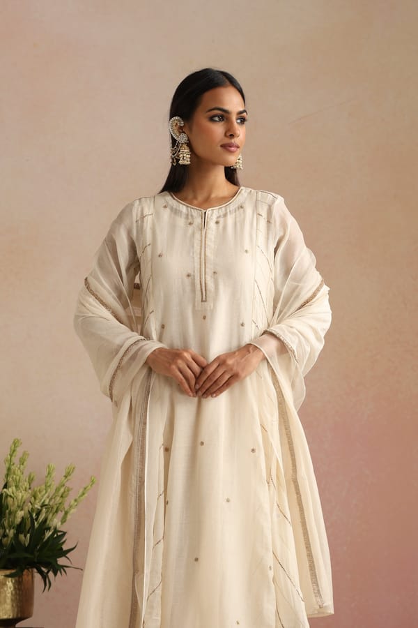 Ivory Silk Chanderi Embroidered Kalidar Kurta Set — Trendy Tokari