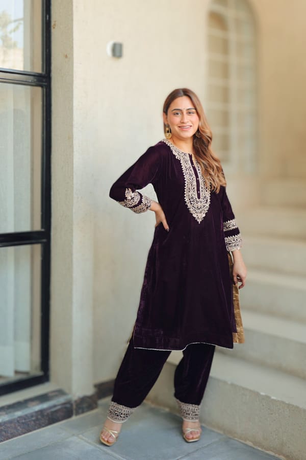 Wine Silk Velvet Embroidered Straight Kurta Set with Salwar — Sheetal Batra