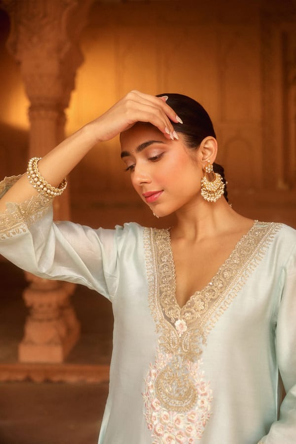 Misty Green Embroidered Long Choga Kurta Set with Salwar — Sheetal Batra
