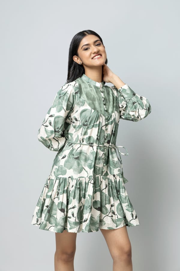 Sage Green Floral Fit and Flare Knee-Length Dress — Rhe-Ana