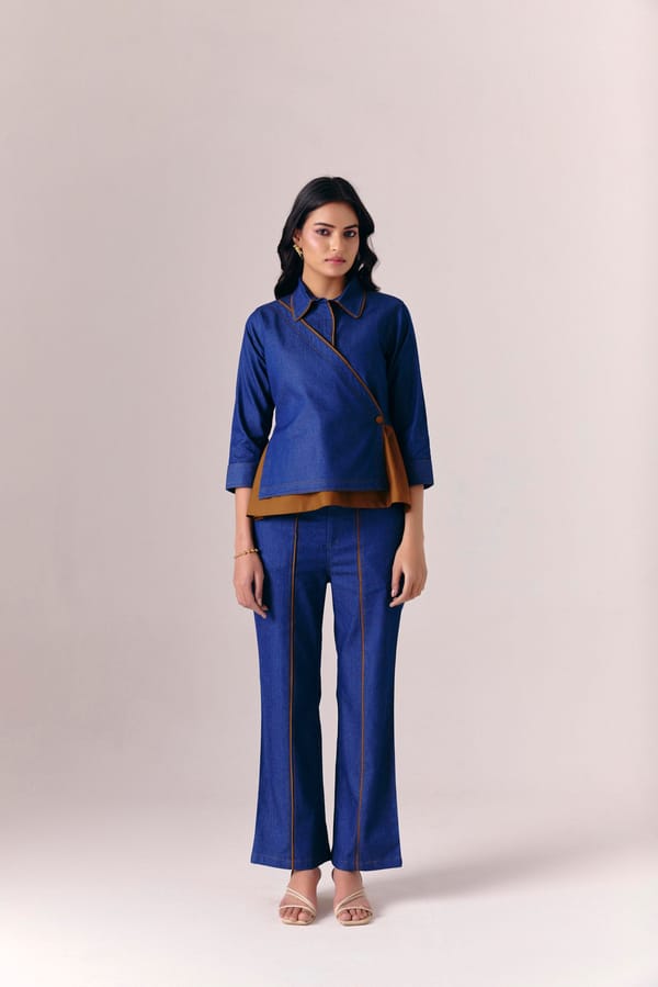 Dark Blue Wrap Top and Straight Pants Denim Co-ord Set — Savaaya