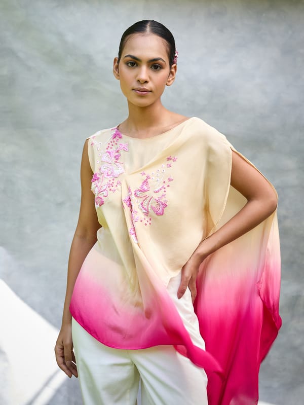 Pink Ombre Embroidered Kaftan Draped Top — Vrinda Soni