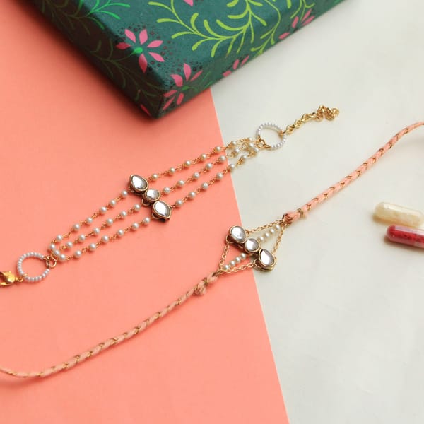 BeAbhika Bhahiya Bhabhi Kundan Trio Rakhi Luma Set With Roli Chawal Capsules — BeAbhika