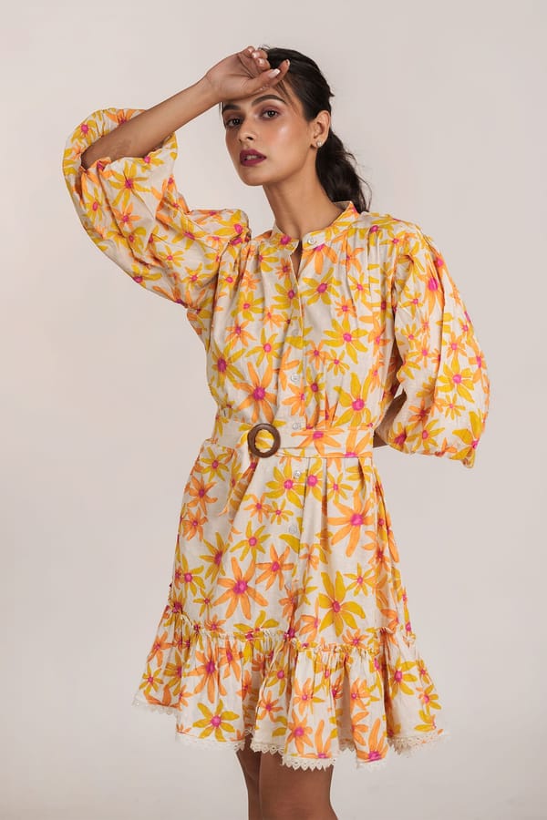 Yellow Floral Tiered Mini Dress with Puff Sleeves — 9899