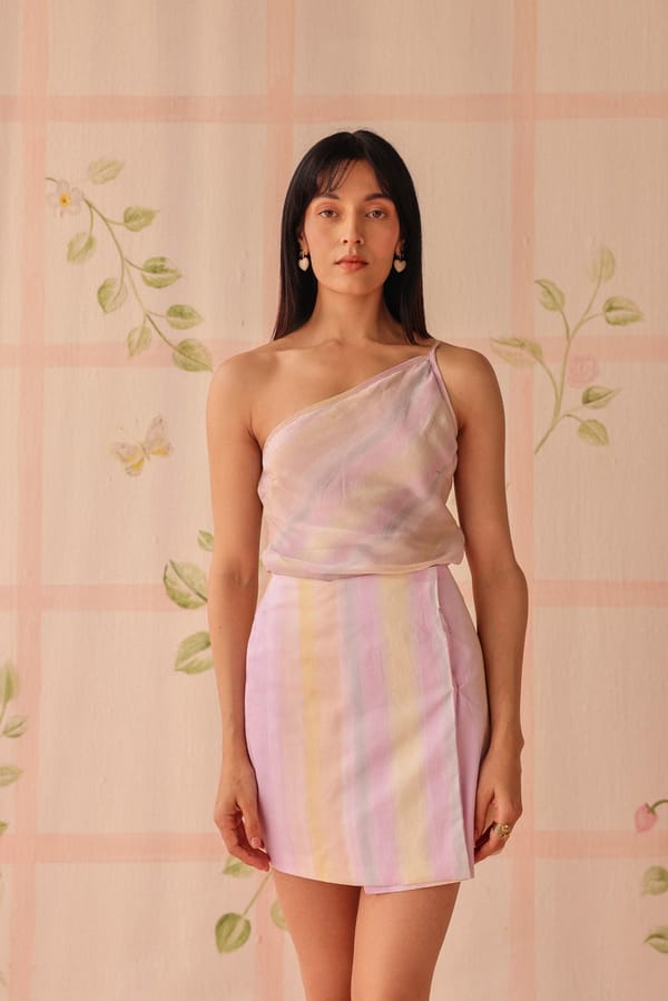 Lavender and Yellow Striped Cotton Satin Mini Skirt — Sage by Mala