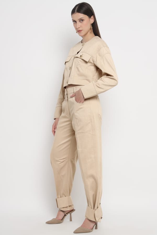 Beige Sand High-Rise Straight-Leg Utility Trousers — SILVIAN HEACH