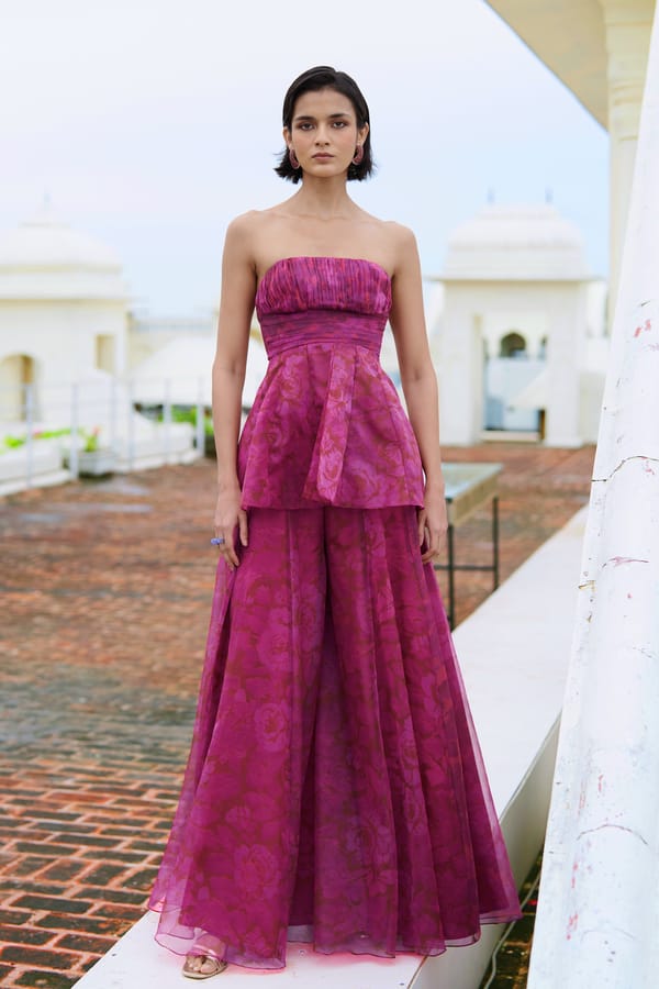 Fuchsia Floral Print Peplum Top and Flared Pant Co-ord Set — Dash and Dot