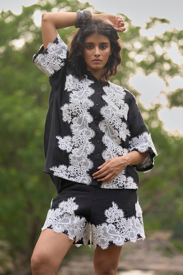 Black/White Linen Silk Lace Applique Relaxed Fit Shirt — Dash and Dot