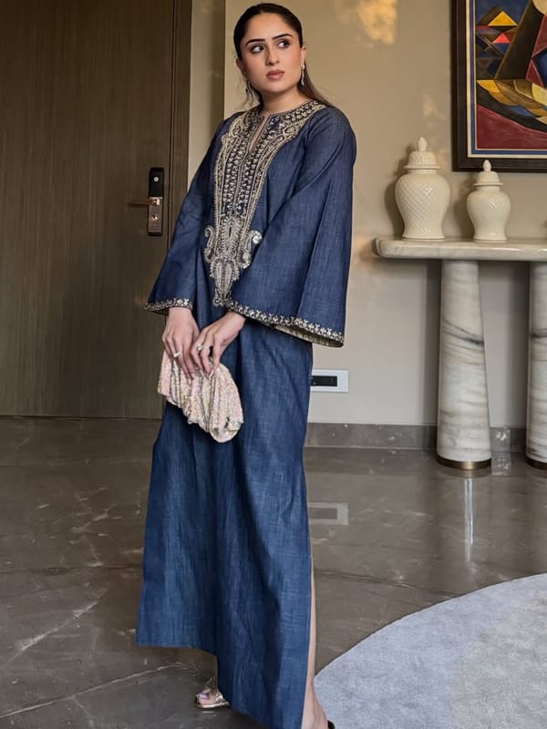 Navy Blue Denim Embroidered Kurta with Pants Set — Sttavoss