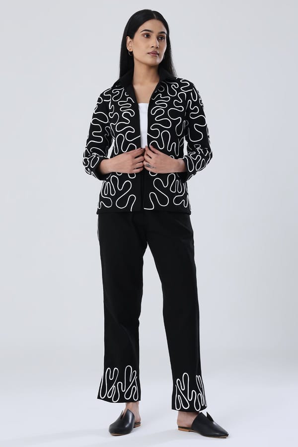 Black Organic Cotton Twill Blazer with White Dori Work — SHIBUI