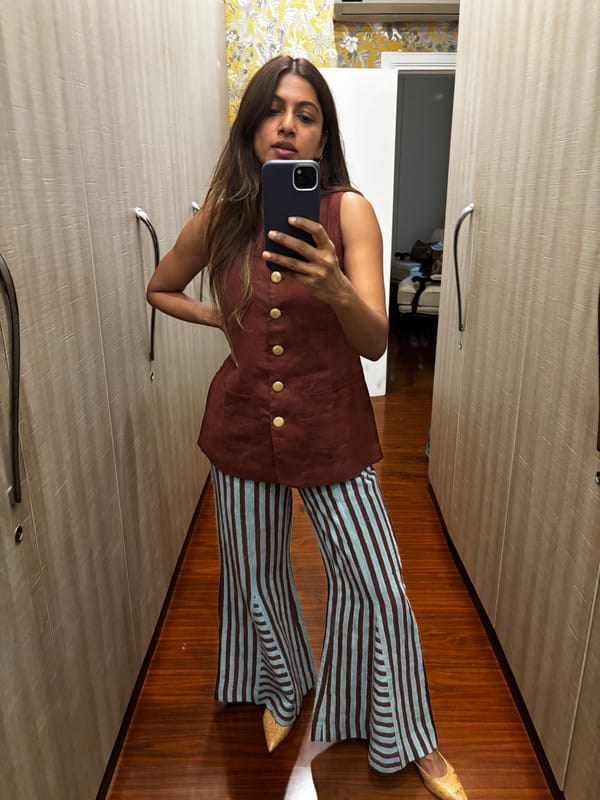 Blue and Brown Striped Flared Linen Trousers — HEADSTRONG