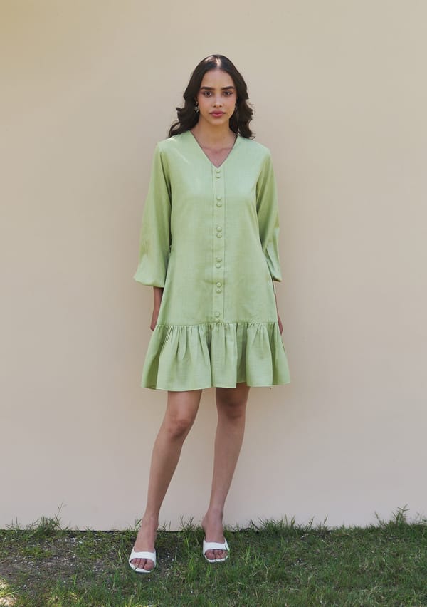 Soft Pear Cotton Linen Button-Front Mini Dress — AMOSHI