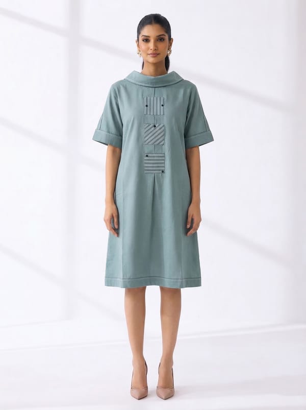 Aqua Cotton Muslin Knee-Length Shift Dress — Basanti Kapde aur Koffee