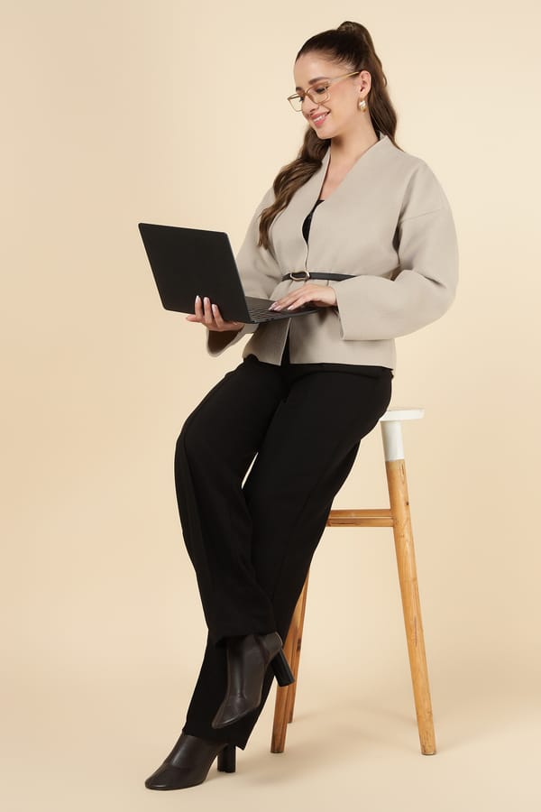 Beige Belted Open-Front Wrap Jacket — AYRISS