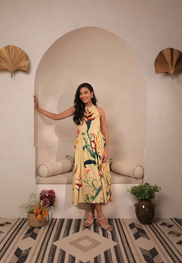 Yellow Floral Halter Tie-Back Midi Dress — BEYOND TARA