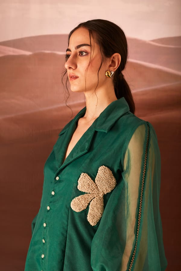 Green Organza and Mesh Mini Shirt Dress with Floral Appliqué — An'era by Asmita Verma