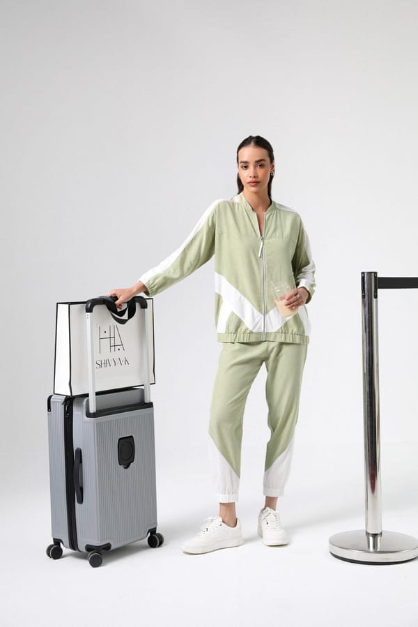 Sage Green and White Zip-Up Track Co-ord Set — Shivya K