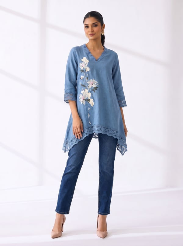 Star Blue Linen Longline Tunic Top with Lace Trim — Kaveri