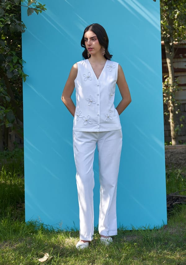 White Waistcoat and Wide-Leg Trousers Co-ord Set — AMOSHI