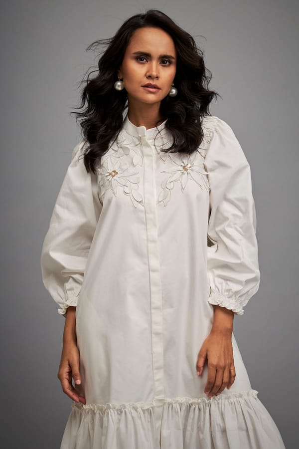 Floral Embroidered Dress With Long Structured Sleeves — Deepika Arora
