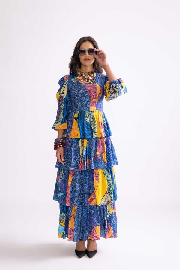 Blue Multi Tribal Print Tiered Maxi Dress — Saaksha and Kinni