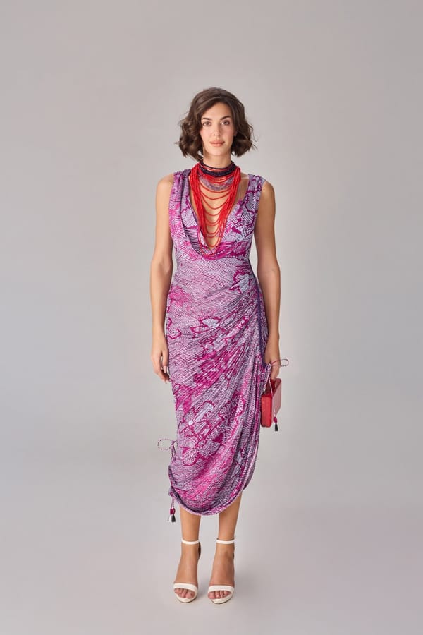 Purple Bandhani Print Cowl Neck Midi Dress — Saaksha and Kinni
