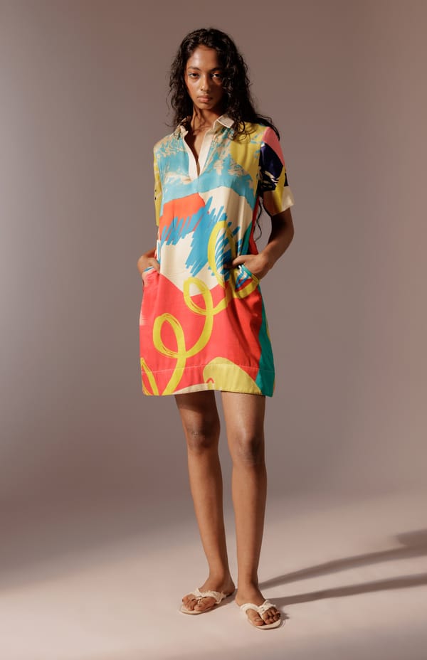 Multicolour Abstract Print Satin Shift Mini Dress — ADVAIT