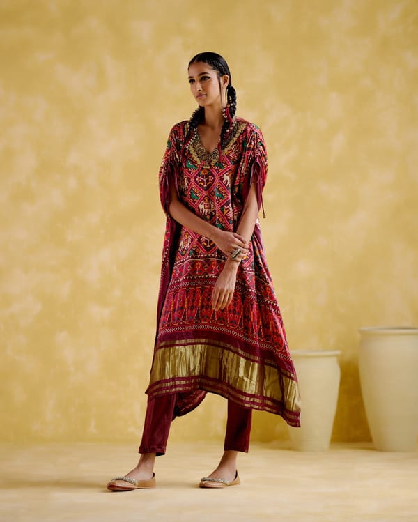 Maroon Patola Print Kaftan with Ghungroo Embellished V-Neck — 5 Elements
