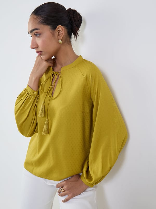 Citrine Green Peasant Sleeves Tie Up Top — Femmella