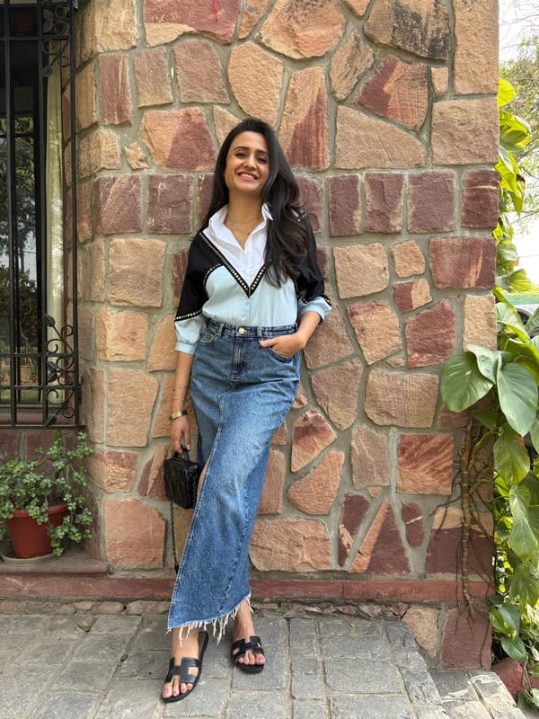 Black/White/Blue Colorblocked Stud Detail Shirt — Shivya K