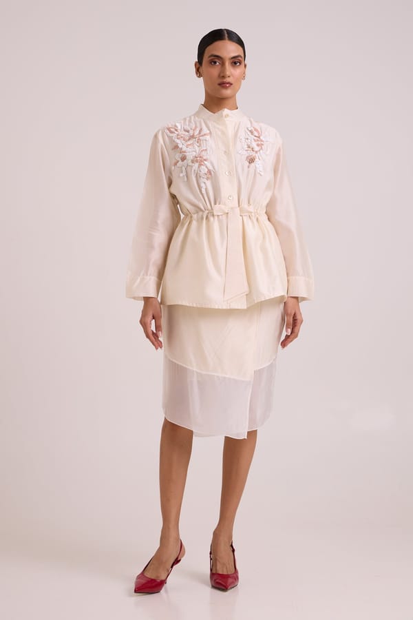Cream Embroidered Drawstring Top and Midi Skirt Co-ord Set — Madder Much