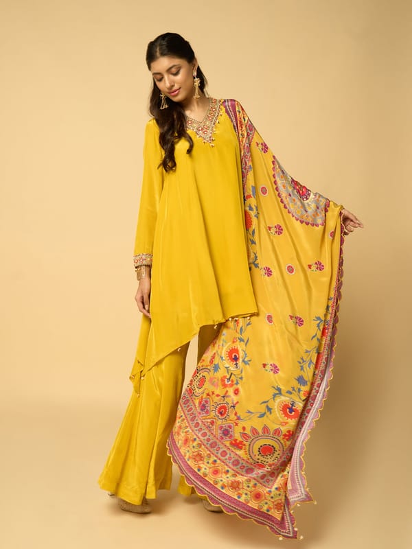 Yellow Asymmetrical V-Neck Kurta Set With Printed Dupatta — SAUNDH