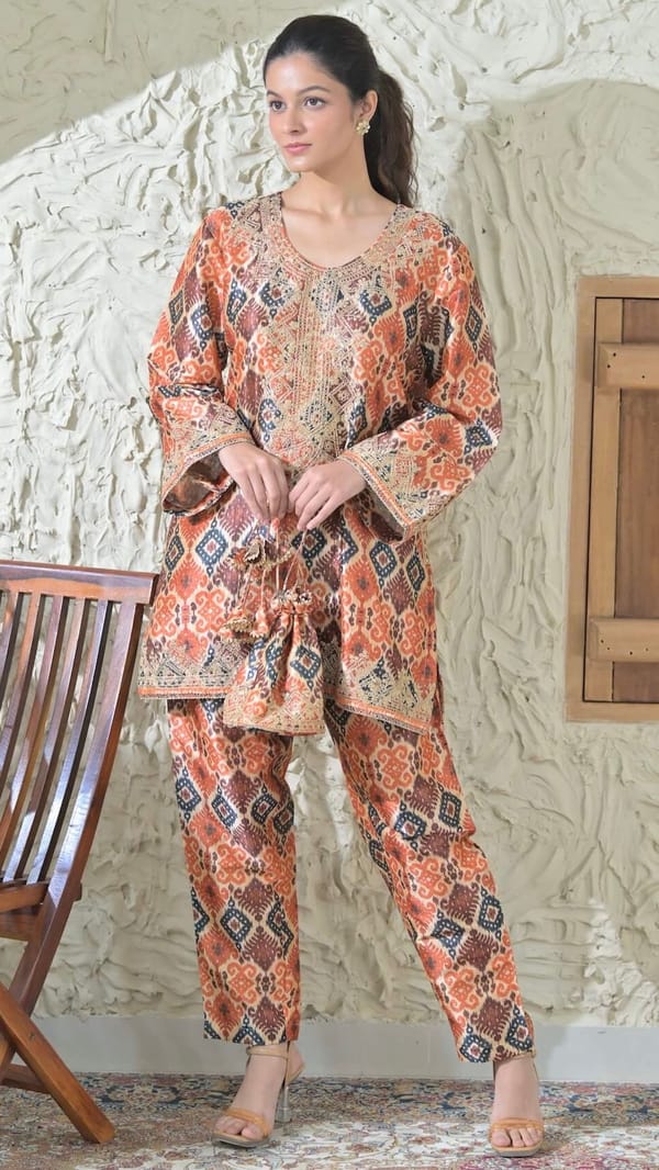 Beige Patola Embroidered Phiran Co-ord — Kylee Fashions