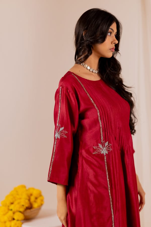 Maroon Chanderi A-Line Kurta with Zardozi Embroidery — Silai studio