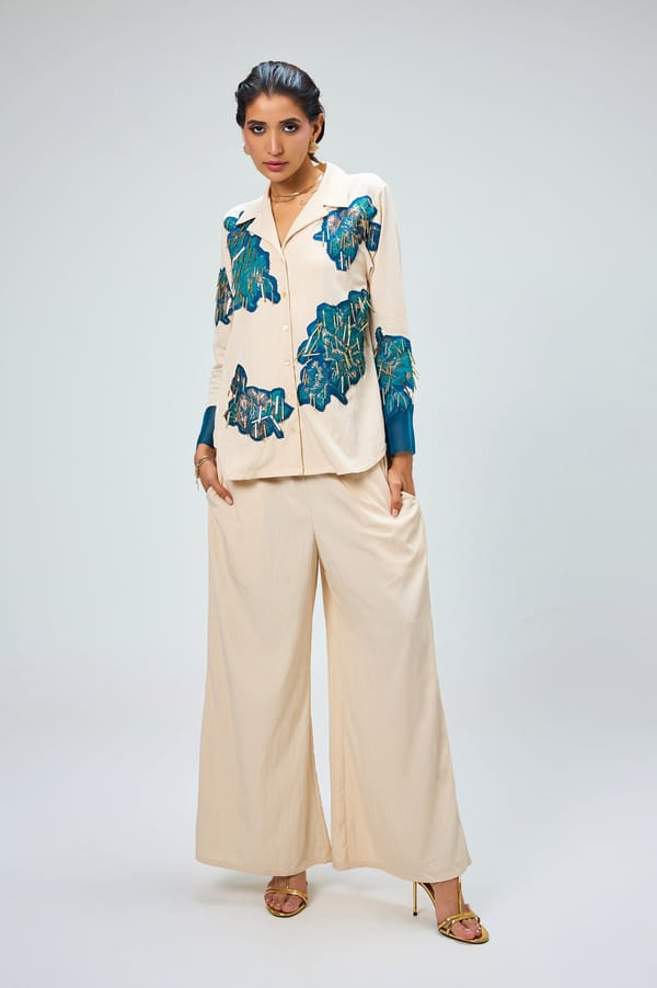 Ivory Applique Shirt and Wide-Leg Pants Co-ord Set — KOR