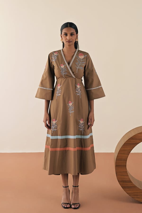 Walnut Embroidered Cotton Poplin Midi Dress — Love Kiki