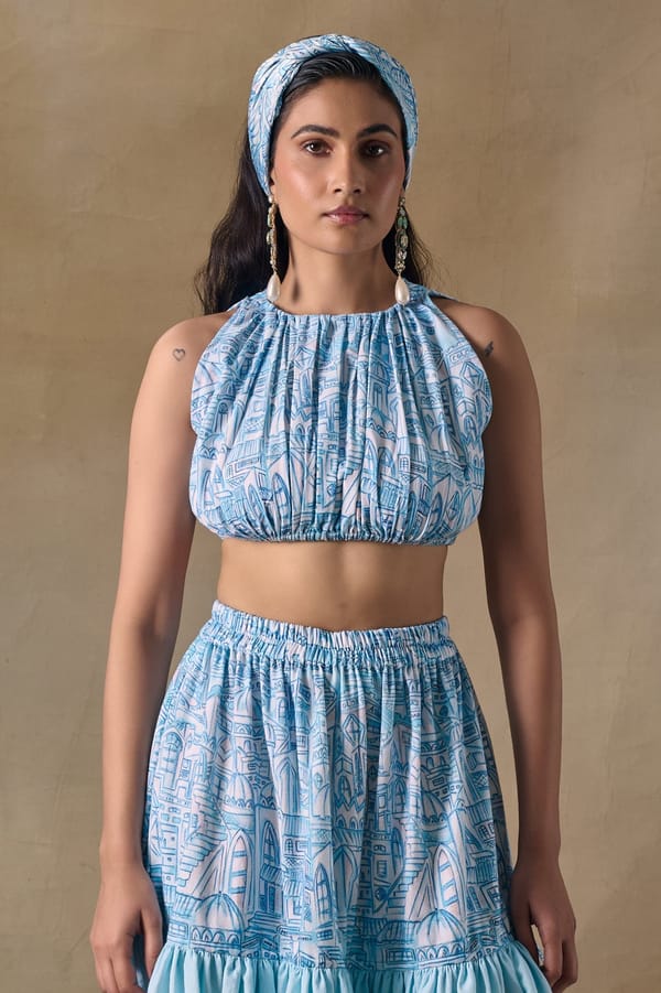 Blue Landscape Printed Halter Neck Gathered Crop Blouse — Pocketful Of Cherrie
