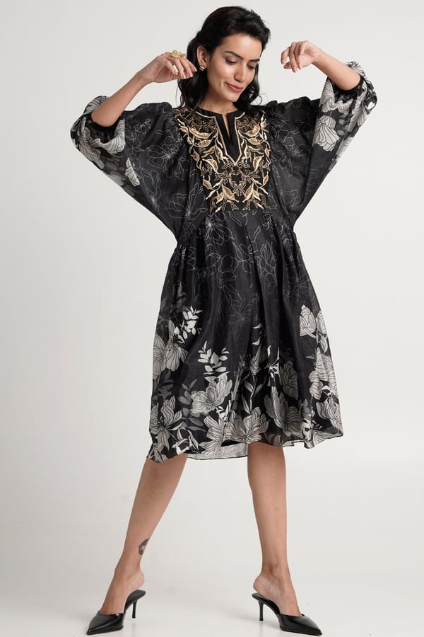 Black Knee-Length Fit and Flare Dress with Gold Embroidery — Madder Much