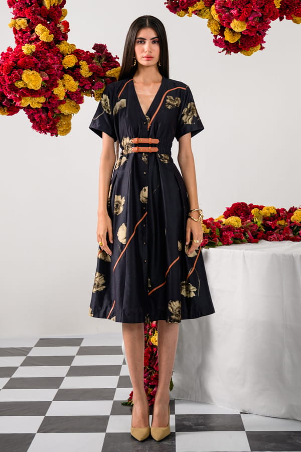 Black Floral Fit and Flare Midi Dress with Double Belt — The Dramebaaz Company