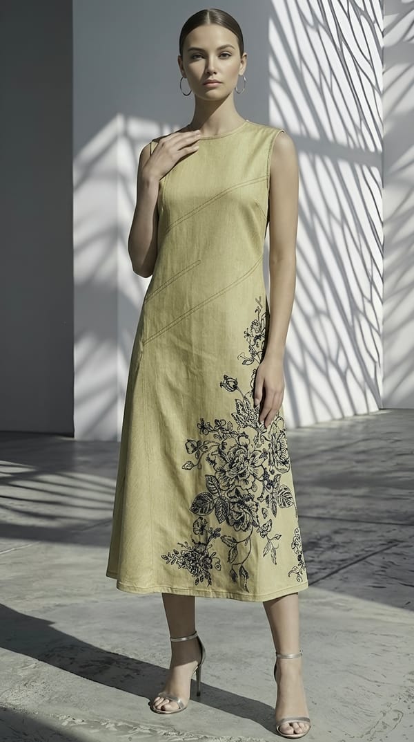 Mint Green Sleeveless A-Line Midi Dress with Floral Print — KIHIKI